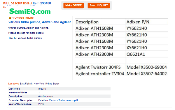 Adixen Pump 6 turbo pumps, Adixen and Agilent.